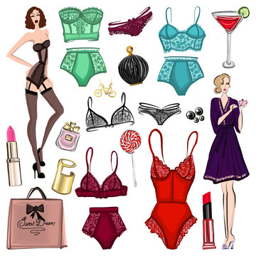 Vector set with lingerie and perfume