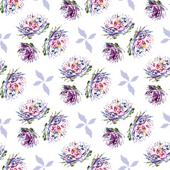 Aster watercolor  floral seamless pattern