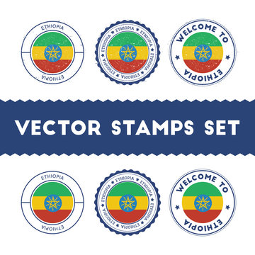 Ethiopian flag rubber stamps set. National flags grunge stamps. Country round badges collection.