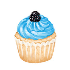 Icon of vanilla cupcake with blue icing and blackberry on white isolated background. For menu, food design.