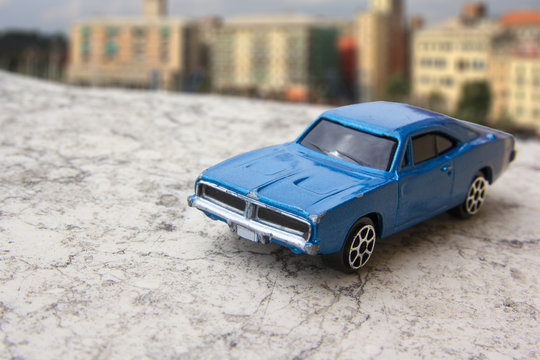 Model of vintage blue car