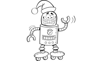 Black and white illustration of a robot wearing a Santa hat.