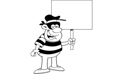 Black and white illustration of a criminal holding a sign.