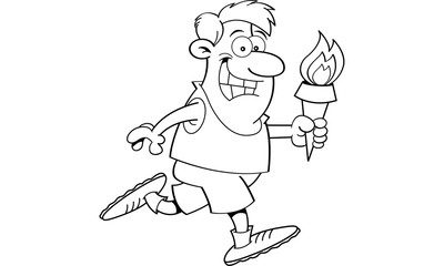 Black and white illustration of a man running holding a torch.