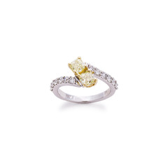 Stunning Two-Tone Diamond Ring with Yellow Cushion Cut Diamonds & Round White Side Stones