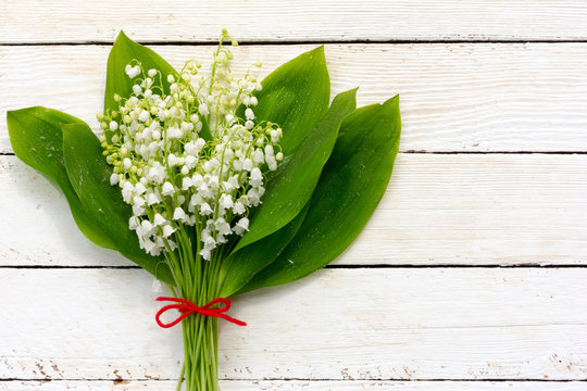 bouquet of lilies of the valley flowers with green leaves tied with a red rope in the water droplets on the white wooden boards. with space for posting information