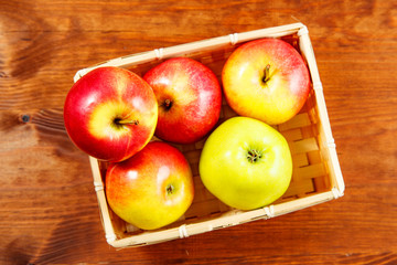 Ripe red apples on table close up. Top view
