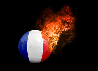 Fototapeta premium Flaming Football Ball on black background flag France