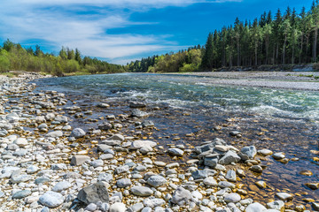 Strand aus Kieselsteinen an der Isar bei Geretsried