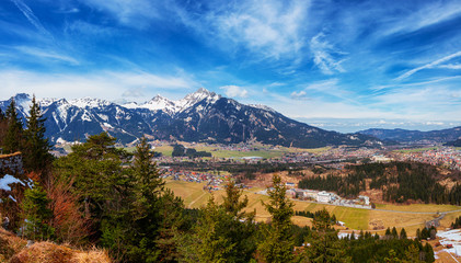 Panoramic view of Reutte city with Alps and clouds, high resolution image. Alps, Tyrol, Austria.