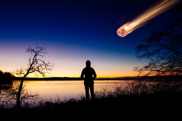 Silhouette of adult watching meteor falling in night sky