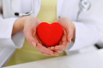 Female doctor with stethoscope holding heart.  Patients couple sitting in the background