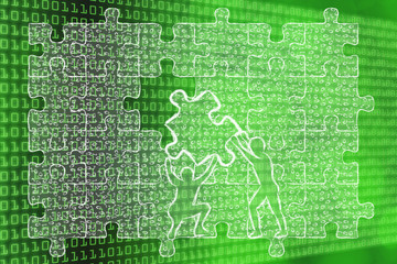 men lifting piece of puzzle with messy binary code to fill a gap