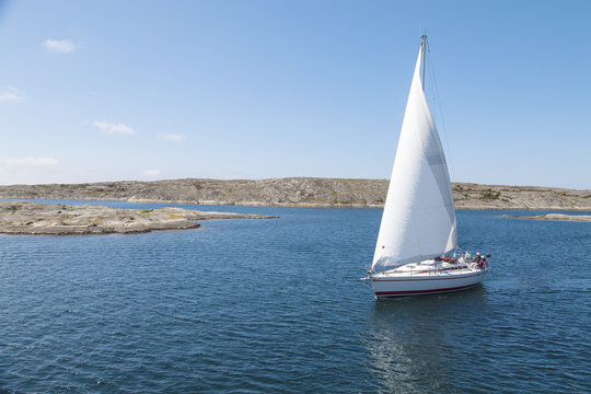 View of sailboat sailing in sea