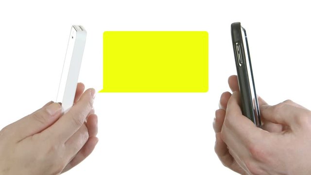 Two cellphones text, with text bubbles