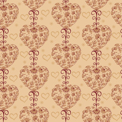 Floral vintage seamless pattern with hearts. Vector seamless illustration with flowers.