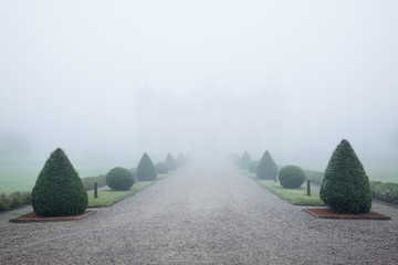 Graveled footpath in garden at foggy day