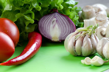 Vegetables, mushrooms and salad leaves on the kitchen blackboard