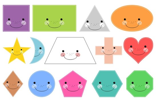 Cartoon basic geometric shapes. Smiling shapes. Isolated on white background