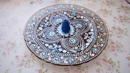 Incense holder. Point to point  painting on glass with special acrylic liners. Handmade.