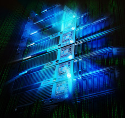 blade storage supercomputer of data center with splash and binary code