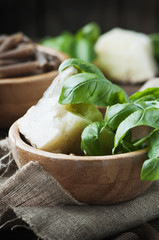 Ingredients for italian pasta with pesto with basil and cheese