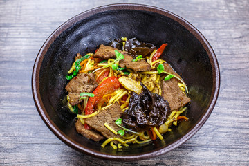 Duck sauce garnish pad thai egg noodles.Beef Szechuan garnish egg noodles