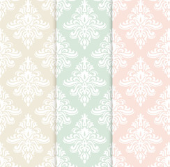Vector set of classical delicate seamless patterns in pastel colors: pink green and yellow. Background for greeting cards and wedding invitations.