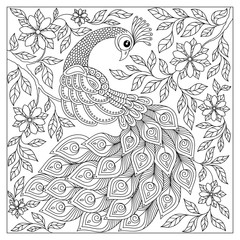 Obraz premium Vintage hand drawn pattern black and white doodle peacock.