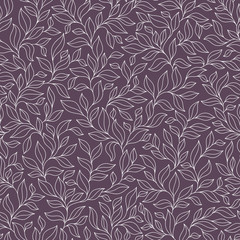 Seamless pattern with violet and pink leaves on dark background.