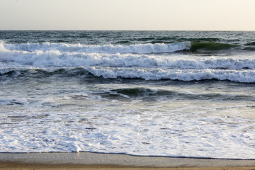 Pacific ocean is clear day. Beach landscape in the USA with the blue sea, Santa Monica. 