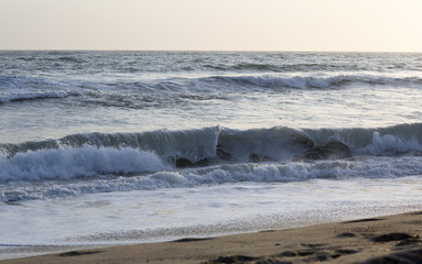 Pacific ocean is clear day. Beach landscape in the USA with the blue sea, Santa Monica. 