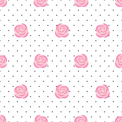 Seamless wallpaper pink roses on polka dots background. Floral seamless pattern. Design for fabric and decor. Vector decorative illustration. © in_dies_magis