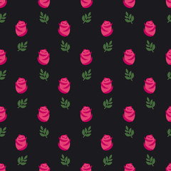 Naklejka premium Pink roses pattern on black background. Seamless wallpaper pink roses with leaves. Design for fabric and decor. Floral decorative illustration.