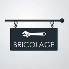 Icono plano cartel BRICOLAGE con llave inglesa en fondo degradado