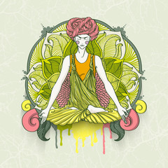 Beautiful girl with turban sitting in Lotus pose.