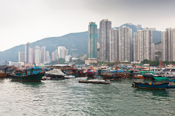 Floating village in the Aberdeen bay in Hong Kong