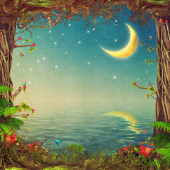 Naklejki  Piękna scena leśna z drzewami, niebem i księżycem nad morzem, ilustracja art