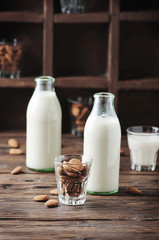 Vegan Almond milk on the vintage table