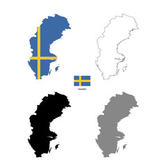 Sweden country black silhouette and with flag on background