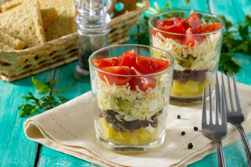 Salad with meat, cheese and vegetables (potatoes, pickled cucumb