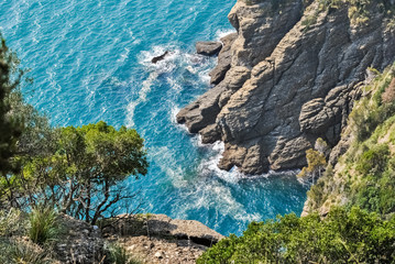 Fototapeta na wymiar Cliffs in the promontory of Portofino seen from above