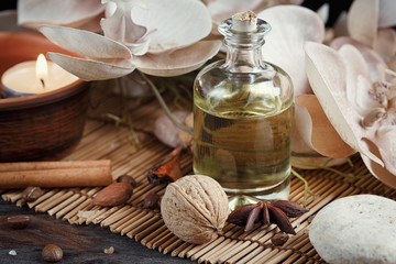 SPA concept: natural sea salt with coffee beans, cinnamon and an