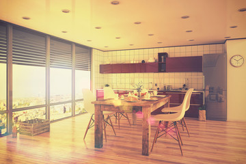 Moderne Küche in rot und einem gedeckten Frühstückstisch, in einem Loft. - Retro Style.