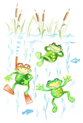 Fotobehang Funny frog. Comic illustration on a theme: Diving Drawing by hand © Shalyapina