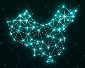 Abstract polygonal China map with glowing dots and lines, network connections, vector illustration, eps 10