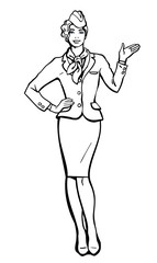 Blonde stewardess. stewardess in blue uniform. Waitress shows up on the information. Image stewardess on a white background. Empty space for information. Stewardess in blue suit and gloves