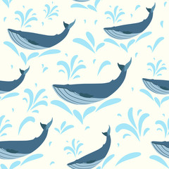 Vector whale illustration. Swimming cute whales seamless background for print or web. Whales pattern vector
