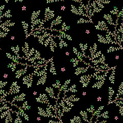 Watercolor pattern. Seamless floral texture with branches, flower buds and leaves.