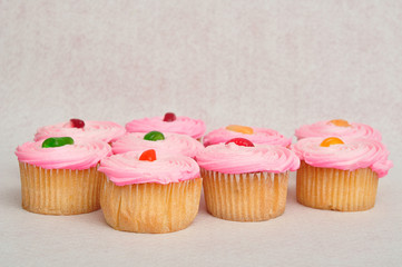 Pink cupcakes displayed on a white background